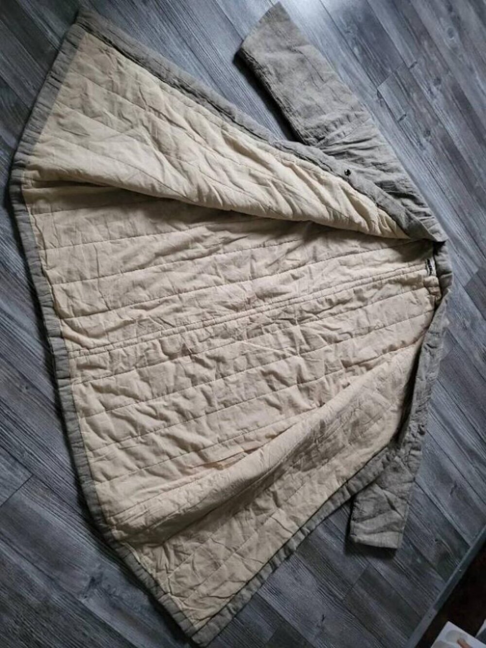 L/XL Oatmeal Heavy Raw Linen Quilted Duster Coat Oversized NWOT - Picture 12 of 13
